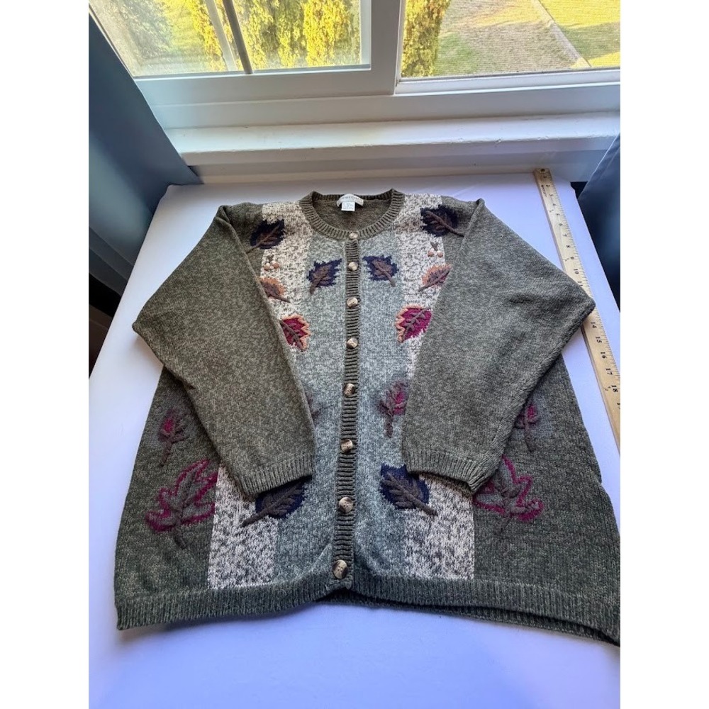VTG Dressbarn Woman Autumn Leaf Cardigan Sweater Green Plus Size 18/20